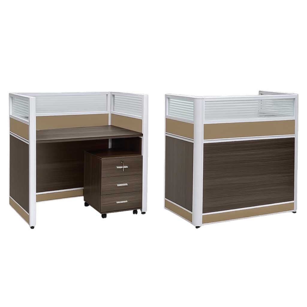 Compact Cubicle Workstation With Mobile Drawer Khaki & Walnut Finish | Dubai & UAE