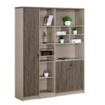 Modern 3-Door Office Storage Cabinet With Open Display Shelves Coffee Finish | Dubai & UAE