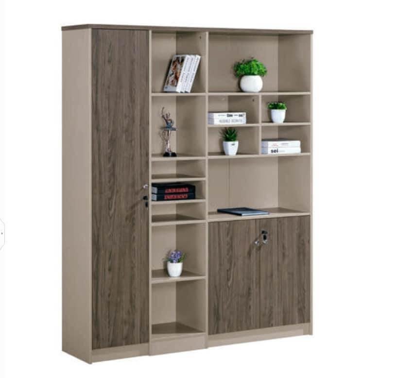Modern-coffee-color-3-door-cabninet-2.jpg Modern 3-Door Office Storage Cabinet With Open Display Shelves Coffee Finish | Dubai & UAE - Image 1