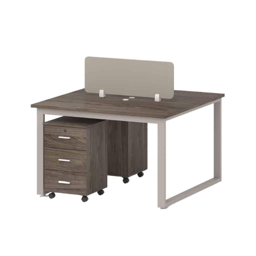 workstation-2-person-walnut-khaki.jpg 2-Person Workstation Desk Walnut & Khaki With Privacy Divider And Mobile Drawers - Image 1